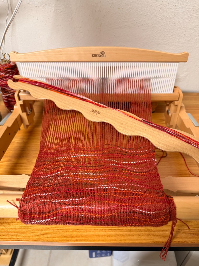 Flame of the Forest on the loom, work in progress
